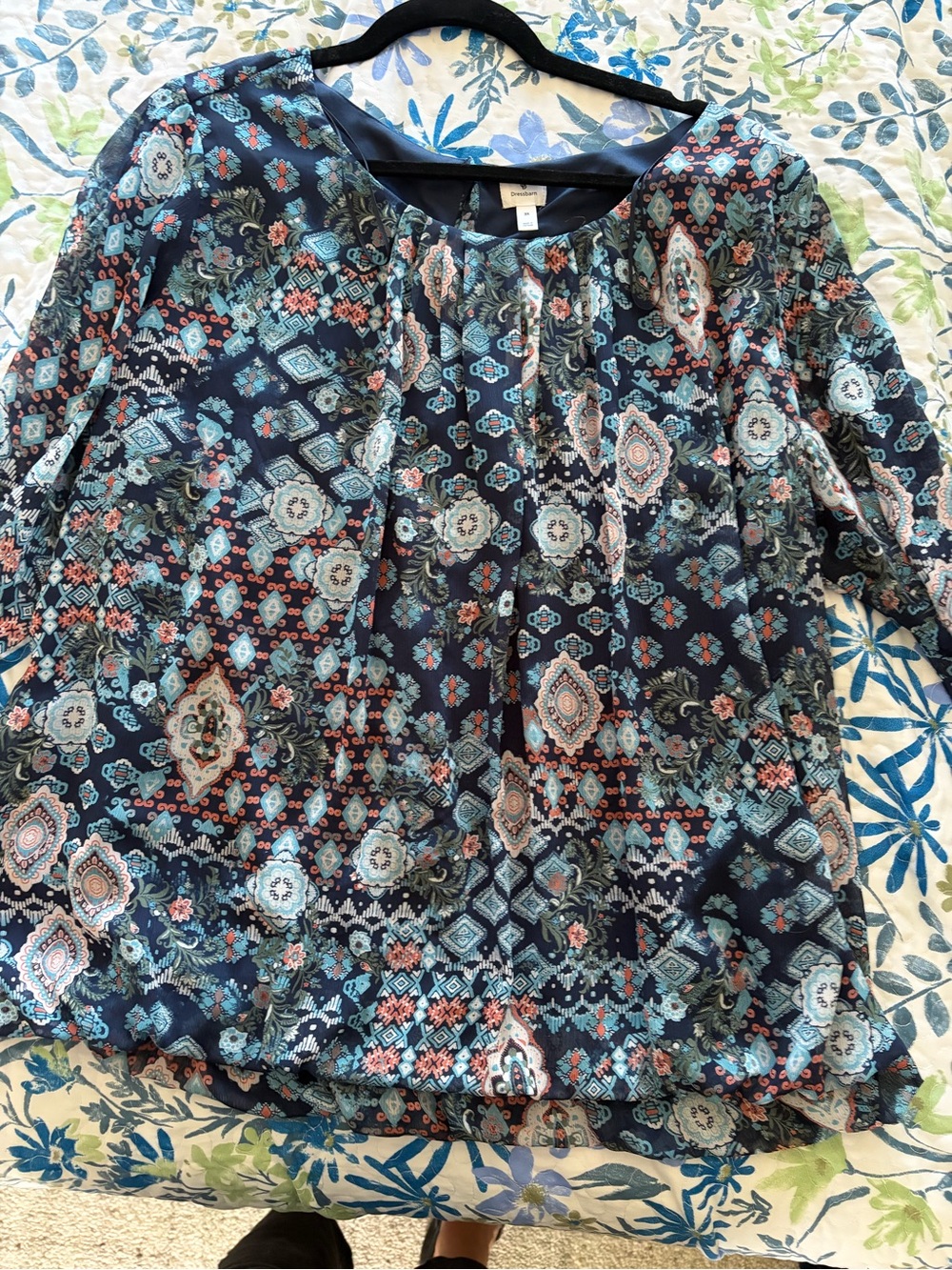 Dress Barn Navy Floral and Coral Medallion Peasant Blouse